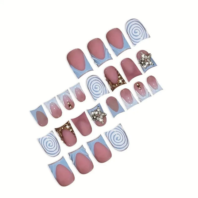 24 uñas postizas cortas con diseño de pico de pato, francesas azules, con diamantes de imitación brillantes en forma de estrella y degradado Y2k, para pegar.