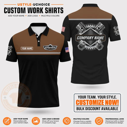Custom Mechanic Work Pattern Polo Shirt Personalized Name Logo Uniform With Piston Print For Men Women Casual Quick Drying Tees