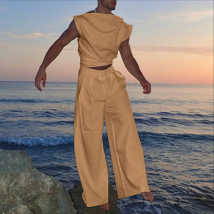 INCERUN Men Sets Solid Color Sleeveless Pleated Crop Tank Tops & Pants Two Pieces Sets Streetwear Loose 2025 Fashion Men's Suits