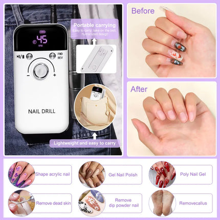 LIMEGIRL, 45000RPM Electric Nail Drill Polisher Rechargeable Portable Electric Nail File Machine Kit for Home Acrylic Gel Nails Polishing