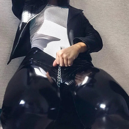 High Waist Shiny PU Leather Pants Women Street  Metal Chain Leather Pants Ladies Slim Bodycon Stretch Seamless Leggings Clubwear