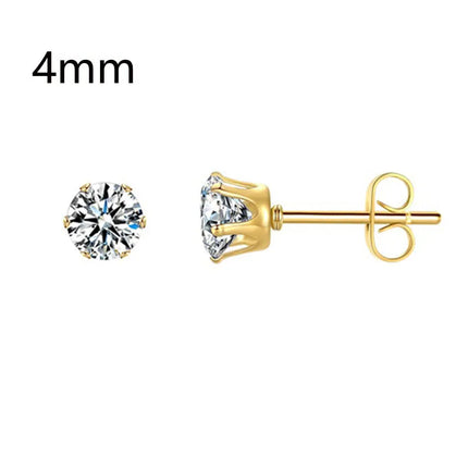 1 Pair Gold Sliver Color Stainless Steel Clear Cubic Zirconia Stud Earrings for Men Women Daily Wear Jewelry Sizes 3-8mm
