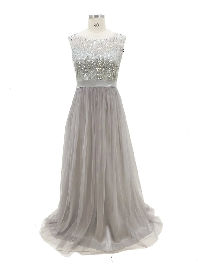 Elegantes schulterfreies, langes Abendkleid mit Pailletten in Grau