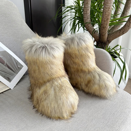 Women Faux Fur Fluffy Plush Furry Boots Comfortable Female Snow Boots Fur Shoes Outdoor Mid Calf Boots