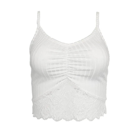 White Camisole 2025 Women's Tanks New Style V-Neck Lace Patchwork Pleated Fashion Sexy Hot Girl Street Fashionista Camisole Top