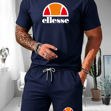 Ellesse Men's Summer Casual Sports Set Short Sleeve T-Shirt + Shorts Two-Piece Trendy Print Breathable Quick-Dry Fitness Wear