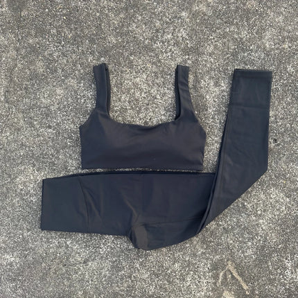 Solid color Tight Women Hollow Back shoulder straps fitness Bra Top High waist Yoga Leggings 2pc Gym Yoga Set Athletic sportwear