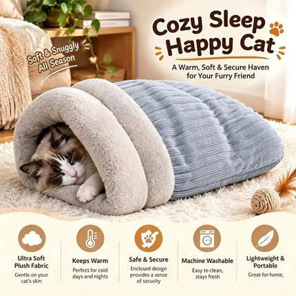 Cat Sleeping Bag Warm Fluffy Enclosed Tunnel Kitty Bed for Indoor Cats Cat Cave Bed Cozy Self Warming Pet Sack Bed for Kittens
