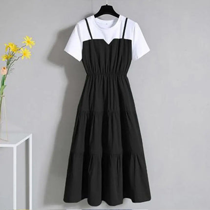2024 Fashion Strap Fake Two piece Dress Block Summer Short sleeved Dress Women's Waist Tight Dress