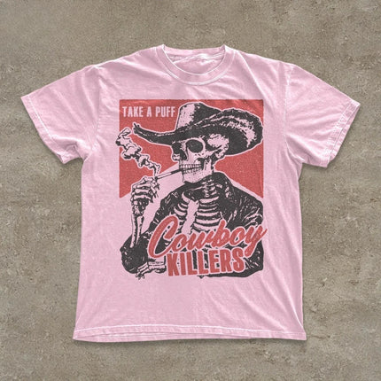 Skull Smoking Cowboy Killer T-shirt Fun Skull Pattern Retro Western Punk Style T-shirt Pure Cotton All-Season Couple Top