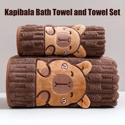 ✰✪Cute 2pc Capybara Face Towel Set, Extra Soft Coral Fleece, 34x74 Inch Towel And 70x140 Inch Bath Towel