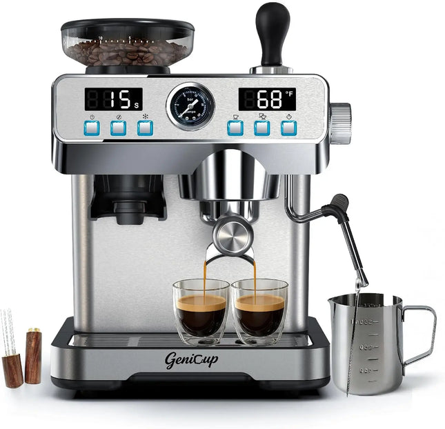 20 Bar Espresso Machine with Grinder, PID Temp Control 194-203°F, 68oz Tank, Cold Brew, All-in-One for Home