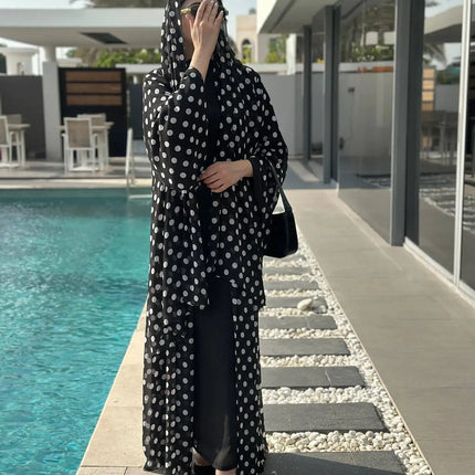 Abaya Suit Women Muslim Dresses Hijab 2 Piece Set Cardigan Robe Polka Dot Print Jalabiya Vestidos Khimar Dubai Abayas Kaftan