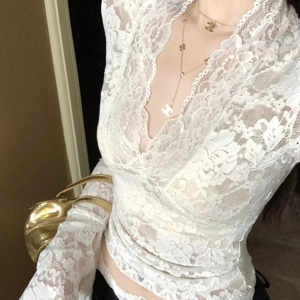 Sexy V-Neck Sheer T-Shirts Flare Long Sleeve Spring Lace Slim Pullovers Tops Casual Evening Party Club Chic