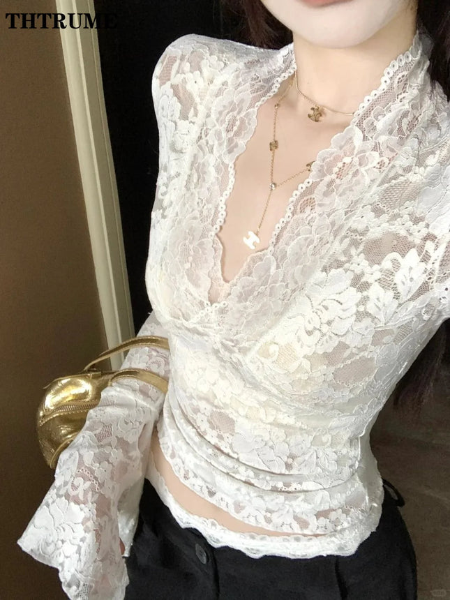 Sexy V-Neck Sheer T-Shirts Flare Long Sleeve Spring Lace Slim Pullovers Tops Casual Evening Party Club Chic