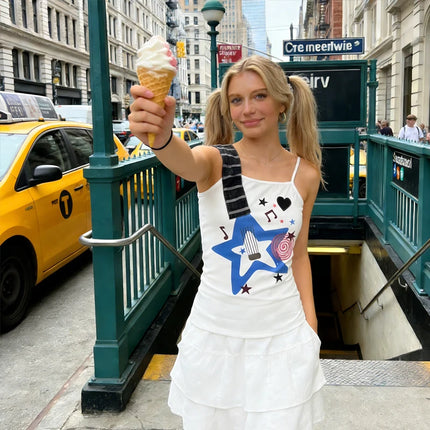 Summer newY2k Punk Rock Trend Visual Design Musical Note Printed Camisole Vintage Fashion Hip Hop Personality Slim Emo Girl Top