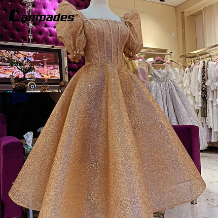 Customized Puffy Short Sleeves Golden Sequins Midi Length Cocktail Dress Party Woman Dresses Vestidos Elegantes Vestido Corto