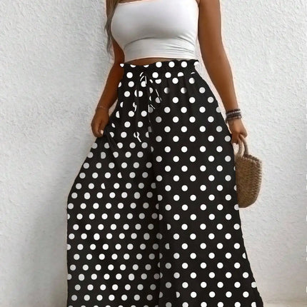 Plus Size Women's Clothing Loose Comfortable Commuting Casual Style Summer Printed Long Pants Elastic Waist Drawstring Draped Wide Leg Pants