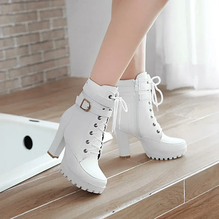 High Heels Women Ankle Boots Lace Up Fall Winter Platform Ladies Boots Large Size Fashion Shoes White Black Brown 2025