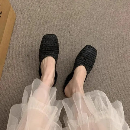 Women Slippers 2026 New Women's French Style Vacation Woven Mules Niche Closed Toe Slides For Outdoor Bohemian Sandals