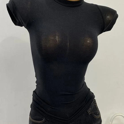 Half-high Collar T-shirt korean Transparent Short-sleeved Slim-fit Elastic Solid Inner Bottoming Shirt Sexy