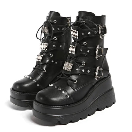 Women's Platform Wedge Ankle Boots Goth Punk Combat Motorcycle Boots Lace Up Side Zip Multi Buckles Studded Spiked Cosplay Shoes