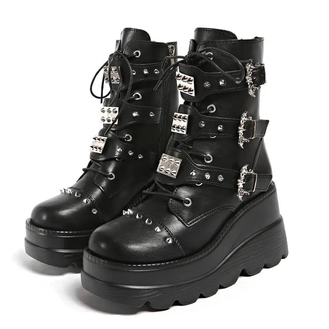 Women's Platform Wedge Ankle Boots Goth Punk Combat Motorcycle Boots Lace Up Side Zip Multi Buckles Studded Spiked Cosplay Shoes