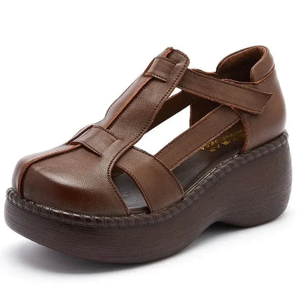 Top quality 6.5CM Retro Summer Shoes Women Wedges Sandals Handmade Genuine Leather Hollow Platform Casual Sandals Female Black