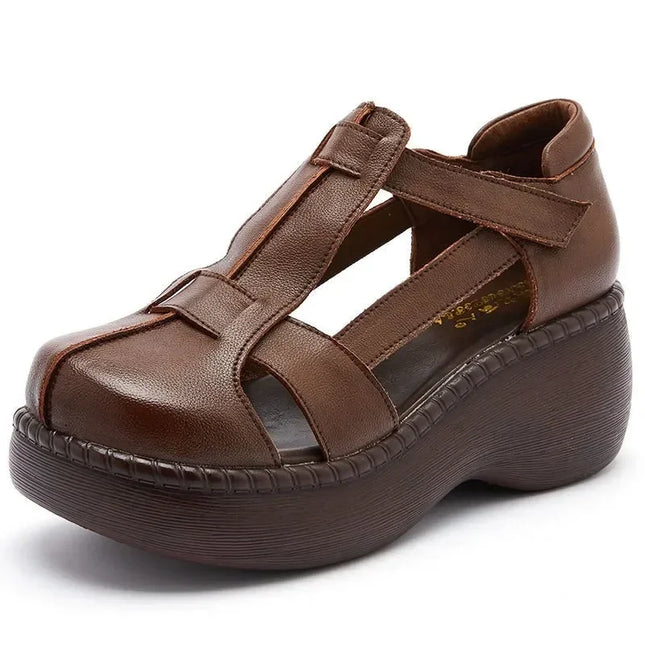Top quality 6.5CM Retro Summer Shoes Women Wedges Sandals Handmade Genuine Leather Hollow Platform Casual Sandals Female Black
