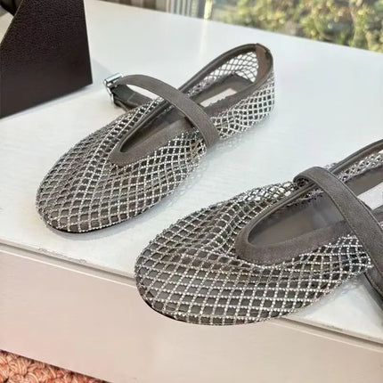 Hollow Mesh Rhinestone Ballet Shoes For Women, Flat Bottomed Mary Jane Single Shoes, Straight Strap Fishing Net Shoes