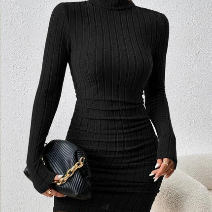 Autumn Mini Dresses For Solid Long Sleeves Turtleneck Sexy Bodycon Sheath Dress Club Elegant Party Dress