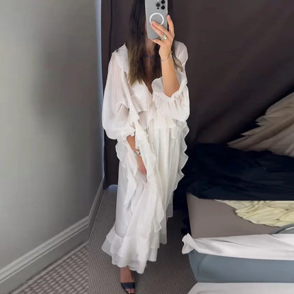 Elegant Ruffle Women's Dress Summer Solid V Neck Full Sleeve Loose Long Casual Dresses New Street Beach Vacation Robe 2026