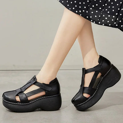 Top quality 6.5CM Retro Summer Shoes Women Wedges Sandals Handmade Genuine Leather Hollow Platform Casual Sandals Female Black