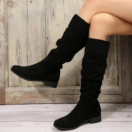 Plus Size Slip-On Western Boots Women High Tube Round Head Solid Color Flat Heel Fashion Boots Velvet Material Comfortable Winte