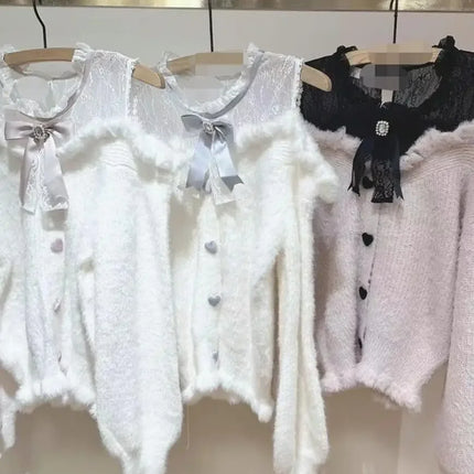 Autumn and Winter Furry Off-shoulder Long-sleeved Sweater Japanese Sweet Cute Girl Bow Versatile Outer Wear Knitted Pullover