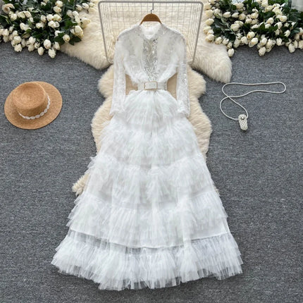 Elegant Cake Dress Spring Clothing Women Full Sleeve O-neck Maxi Long Dresses Evening  Party Club Ball Gown Mesh Dress Vestidos