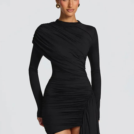 Long Sleeve Draped Ruched Sexy Mini Dress Women Gown Elegant O Neck High Waist Bodycon Club Party Dresses Female