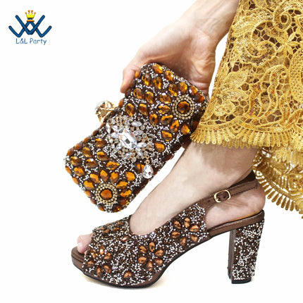 2025 Italian Design Classics Style Shoes and Bag Set in Orange Color INS New Arrivals High Quality Full Crystal with Platform