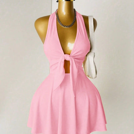 Halter Deep V Front Tie Cut Out Mini Dress Summer Y2K Night Club Party Flare Skirt Dresses