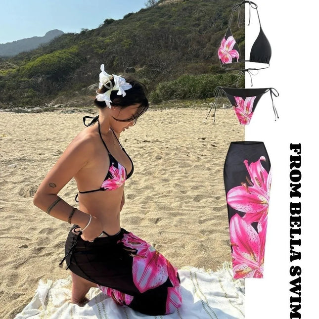 3-teiliges stilvolles langes Kleid Bikini-Set für Damen, Neckholder zum Binden, Badeanzüge, sexy Sommer, getrennte Bademode Sommersaison