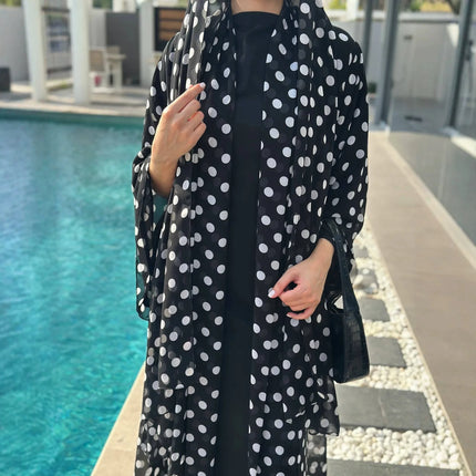 Abaya Suit Women Muslim Dresses Hijab 2 Piece Set Cardigan Robe Polka Dot Print Jalabiya Vestidos Khimar Dubai Abayas Kaftan