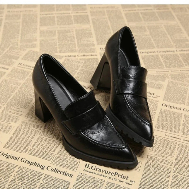 Elegant Black British Style Square Head Flats Women's High Heels Chunky Heel Shoes Comfortable Low Rubber Sole Fashion Footwear
