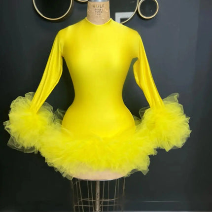 Bright Yellow High Stretchy Satin Women Short Dresses With Ruffles Trimmed Details African Women Mini Maxi Dress To Party