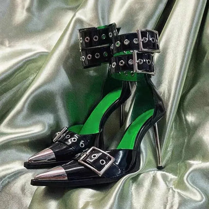 High Heels Women's Summer 2026 New Pointed Toe Metal Buckle Stiletto Heel Studded Sandals