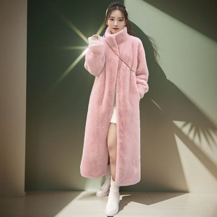 Women Pink Thick Faux Fur Jacket Colorblock Autumn Winter Maxi Coat Long Warm Luxury Belt Fur Parkas Bontjas Furry Outerwear