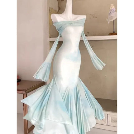 Women's Plus Size Off Shoulder Long Sleeve Mermaid Maxi Dress Fall French Elegant Bodycon Formal Gown