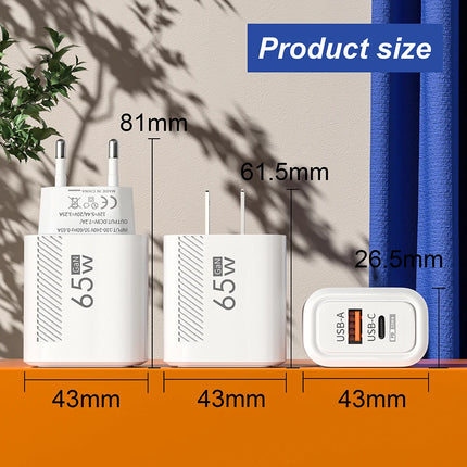 65W GaN Fast Charging USB USB-C Charger US EU Plug PD 3.0 Quick Charge Travel Wall Charger For Phone Adapter For - product im
