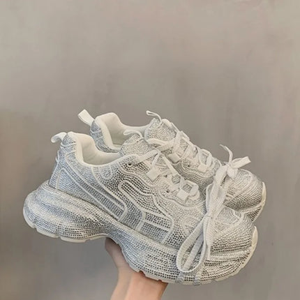 Women's 2025 Spring Autumn New Full Rhinestone Dad Sneakers Thick Sole Fashion Casual Sports Shoes