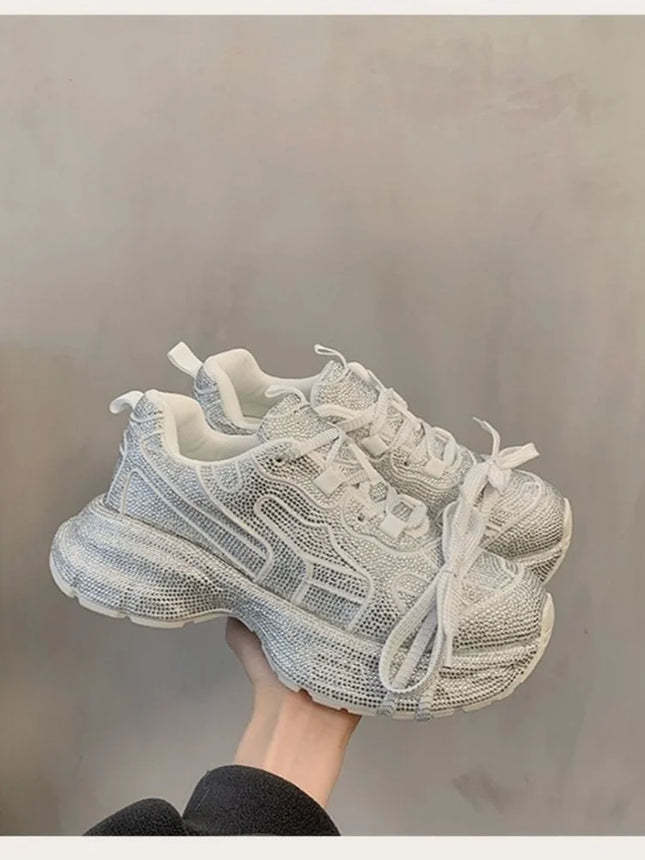 Women's 2025 Spring Autumn New Full Rhinestone Dad Sneakers Thick Sole Fashion Casual Sports Shoes