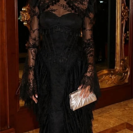 Elena Lace High Black Mermaid Formal Evening Gown Gothic Victorian Aesthetic Neck Sheer Illusion Modest Evening Wear Customized